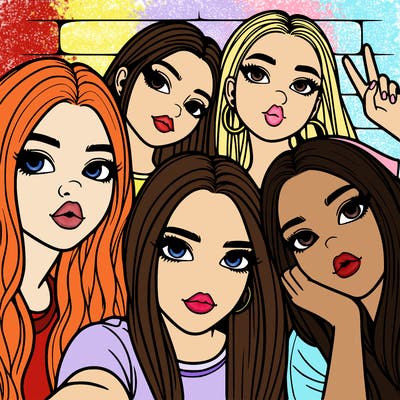 group of teen girls friends y2k up close in a selfie