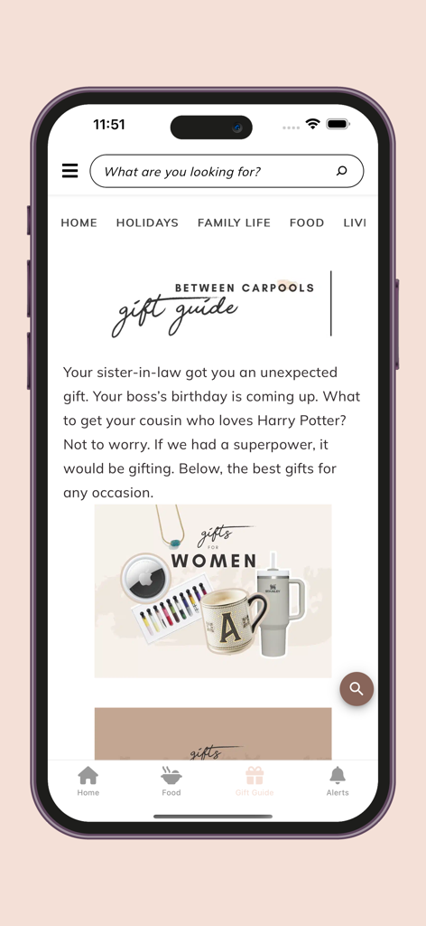 Between Carpools - Between Carpools app screen displaying a curated gift guide for women with lifestyle product photography.