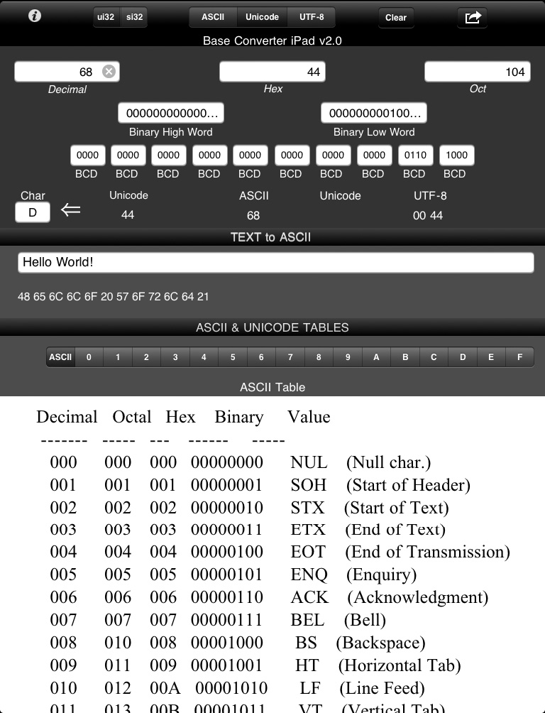 Base Converter for iPad - Base Converter for iPad user interface showing number system conversions and an ASCII character table