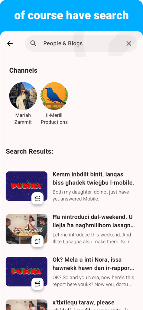 Una pantalla de búsqueda en la aplicación de idiomas malteses que muestra varios canales de vídeo y resultados de lecciones.