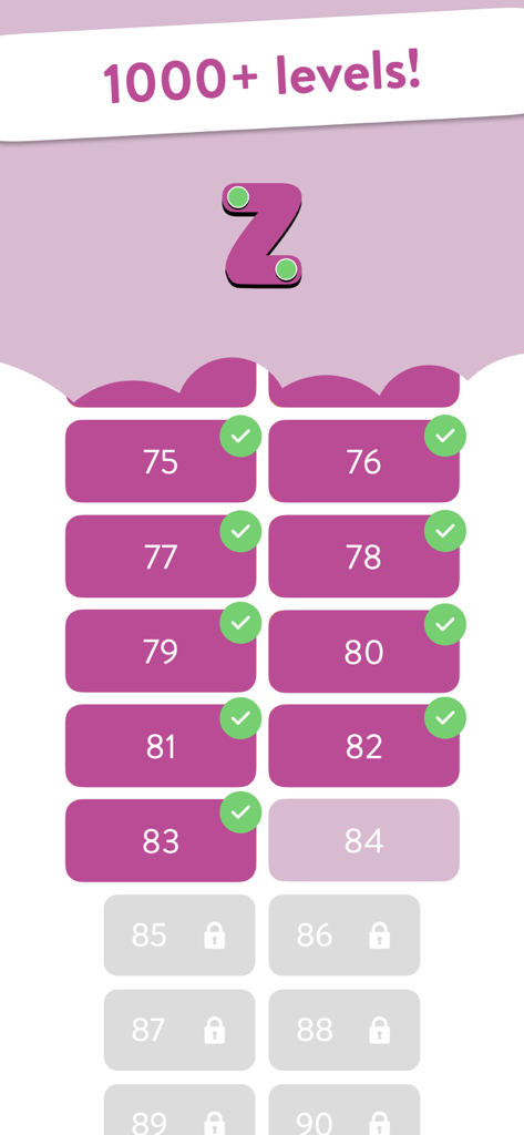 Zip – Connect the Numbers - Level selection screen for the Zip logic puzzle app showing multiple completed and locked levels with a banner stating over 1000 levels