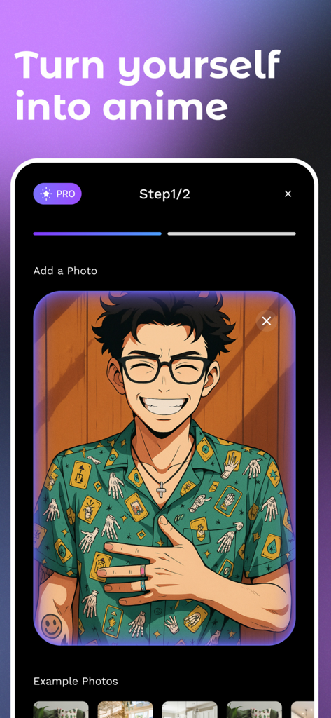 Genimage: AI Photo Remaker - Interface do aplicativo Genimage mostrando uma foto transformada em um personagem de estilo anime