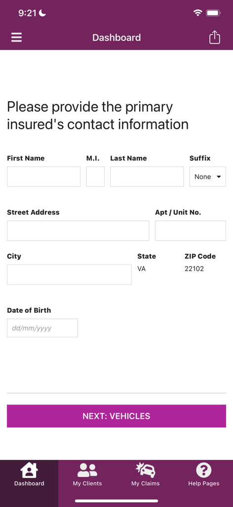 Mobile user interface for entering insured contact information in the Appian app