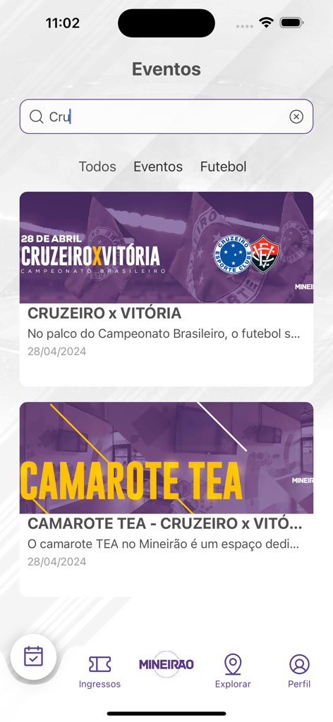 App Mineirão - App Mineirão events screen showing upcoming soccer matches and search results.