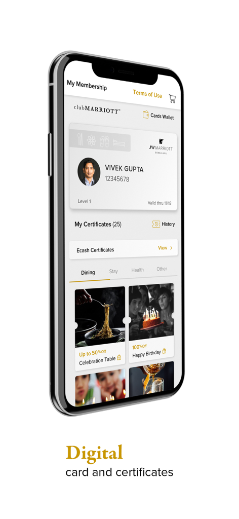 Club Marriott South Asia - Club Marriott South Asiaモバイルアプリのインターフェースに表示されるデジタル会員カードと特典証明書