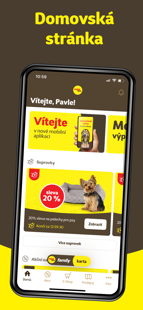 Super zoo - Tela inicial do aplicativo móvel Super zoo mostrando 20% de desconto em camas para cachorros e um botão de acesso rápido para o cartão fidelidade