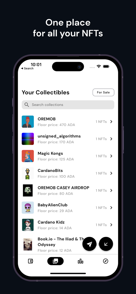 VESPR: Cardano Wallet - A mobile app interface from VESPR Cardano Wallet displaying a curated list of NFT collectibles and their current floor prices.