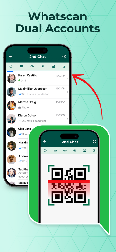 Whatscan - Whats Scan Web - Whatscan app interface showing dual accounts setup with a QR code scanner and secondary chat list