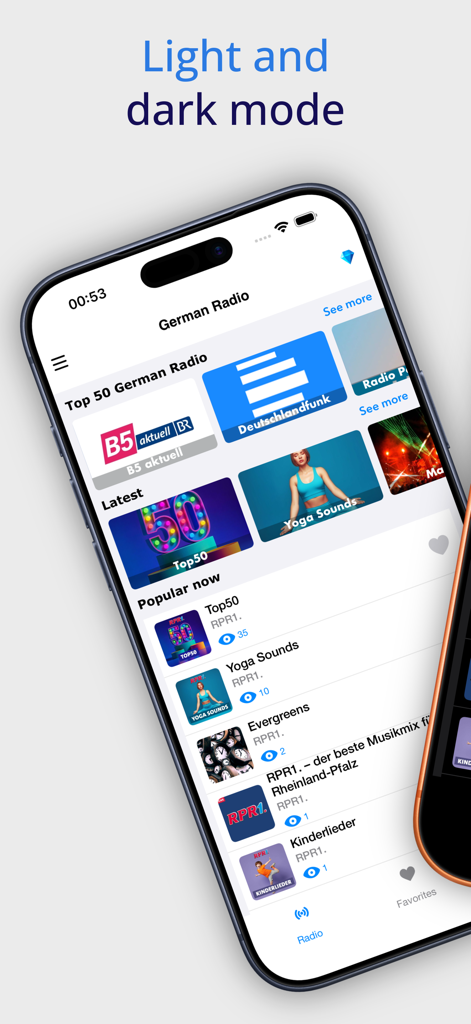 Uno schermo di iPhone che mostra l'interfaccia dell'app Radio Tedesca Online in modalità chiara con varie stazioni radio tedesche.