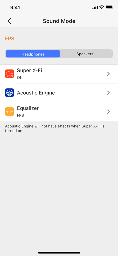 Creative app sound mode settings screen showing FPS profile for headphones