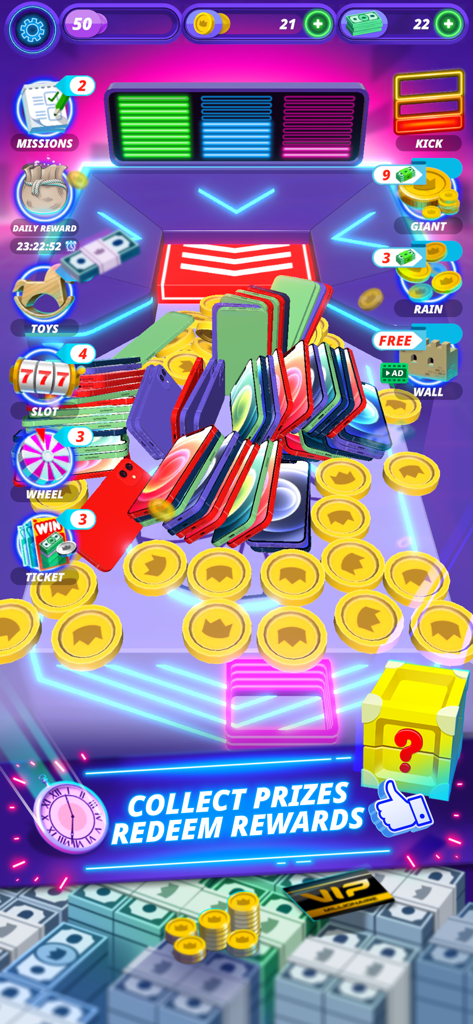 Coin Pusher Vegas Maniaのゲームプレイ画面。金貨と積み重ねられたスマートフォンの賞品がデジタルプッシャーマシンに表示されています
