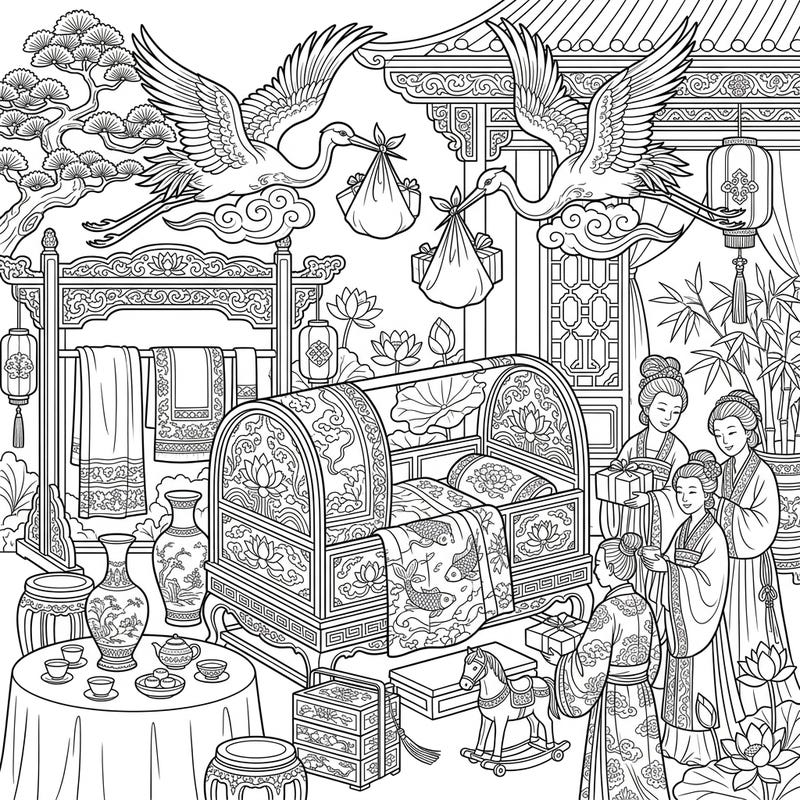 Immerse yourself in the beauty of a Song Dynasty baby shower with this intricate coloring page. Discover a scene rich with cultural details, storks, and joyous celebrations, perfect for a relaxing creative escape.