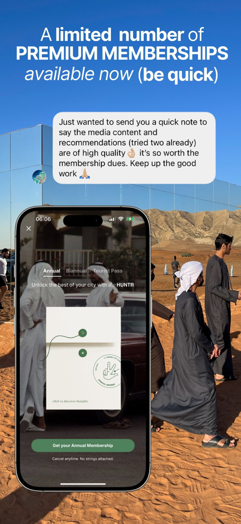 The HUNTR: City Guide - Promotional screen for The HUNTR app showing premium membership options and a positive user testimonial over a desert landscape background