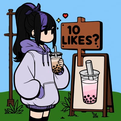 girl with oversized hoodie drinking boba and she has a high ponytail with a sign that says 10likes?