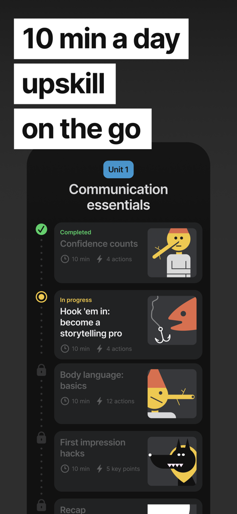 Skillsta app interface showing communication essentials unit with bite-sized lessons on storytelling and body language