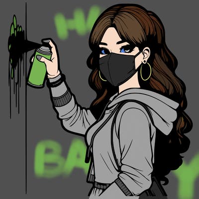 realistic girl with mask spray painting a wall