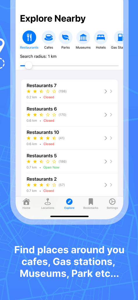 Interfaz de la aplicación móvil Horizon Maps 3D que muestra la función Explorar cerca con una lista de restaurantes y filtros de categoría