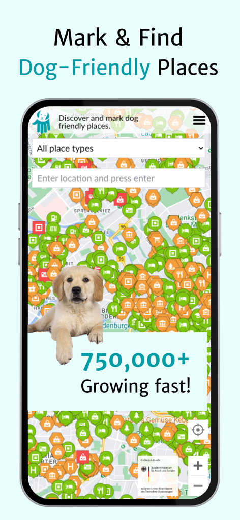 DogMap app interface displaying a map with numerous dog friendly location pins and a golden retriever puppy mascot