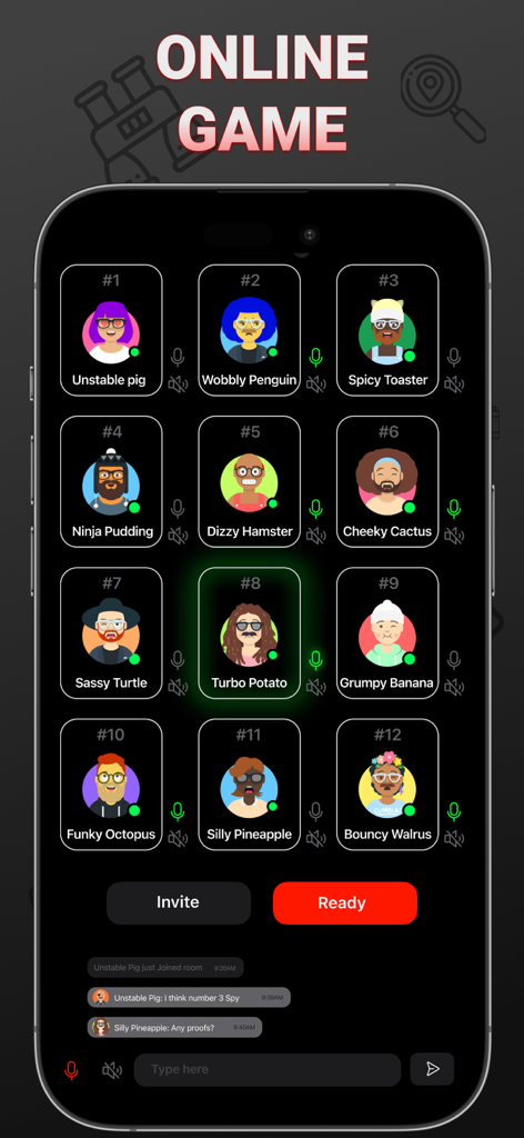 Spy - board card party game - Mobile app screen showing the online multiplayer interface of Spy board card party game with twelve player avatars and a group chat