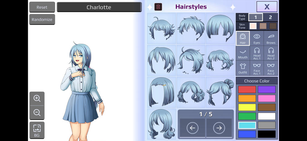Gacha Story - VN Creator - Anime character customization screen in Gacha Story showing various blue hairstyle options
