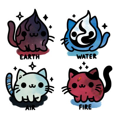 4 cats that represent the different elements, earth, water, air, and fire