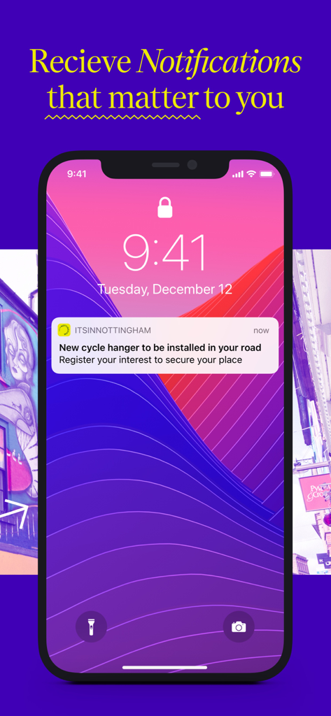 It's in Nottingham - 新しいサイクルハンガーの設置に関するIts in Nottinghamアプリからのプッシュ通知を示すiPhoneのロック画面