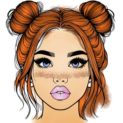 realistic girl with two buns on her hair and lips