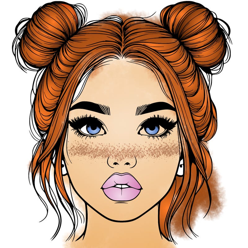realistic girl with two buns on her hair and lips