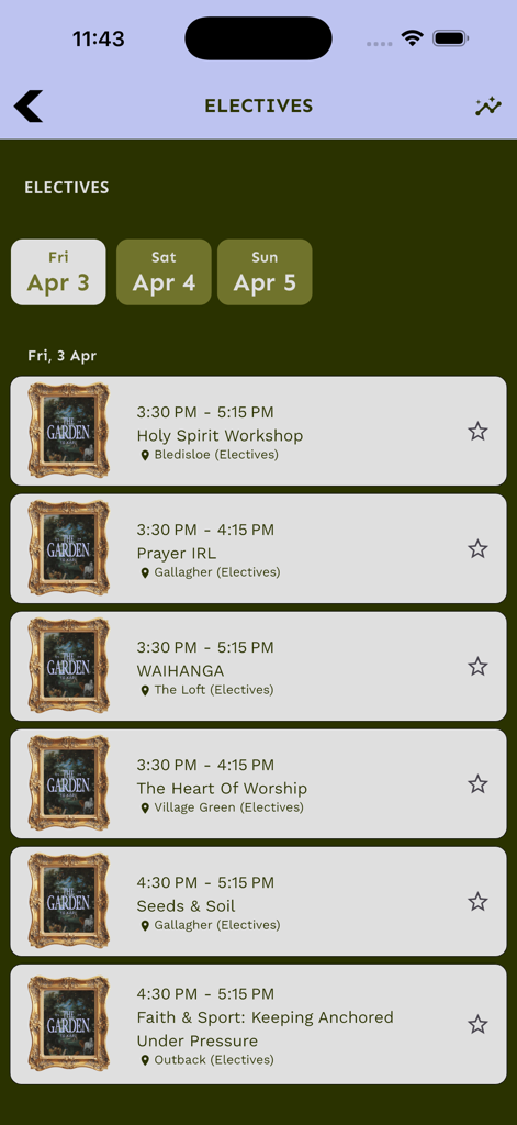 Northern Easter Camp - Mobile app screen showing the list of elective workshops and sessions for Friday April 3rd at Northern Easter Camp.