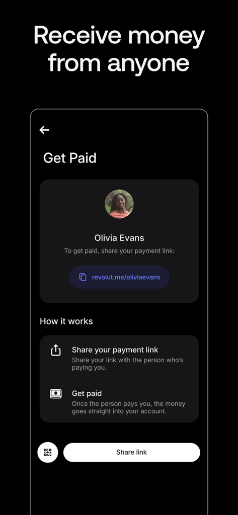 Pantalla de la aplicación Revolut para finanzas de adolescentes para recibir dinero a través de un enlace de pago personal