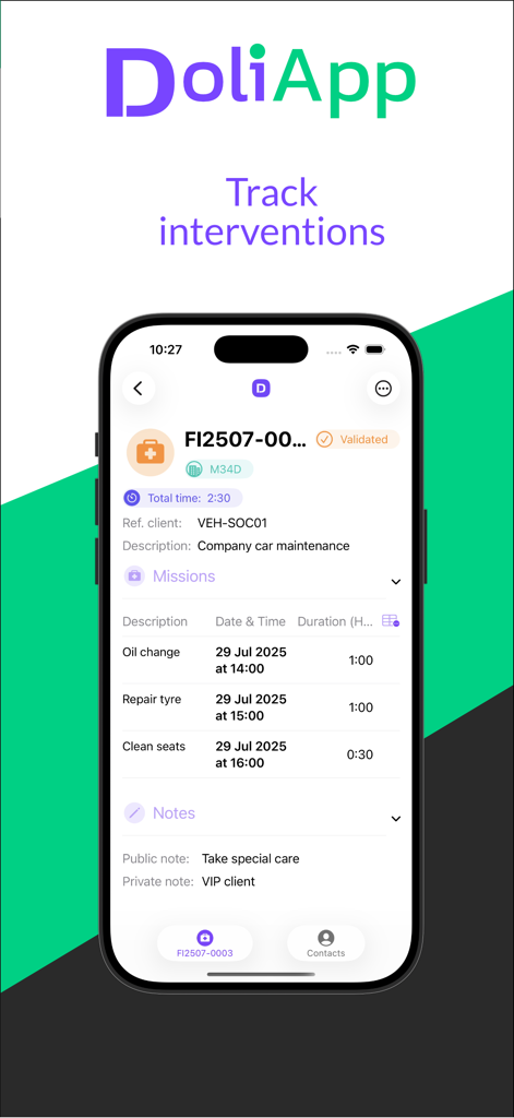 DoliApp: My Dolibarr ERP CRM - DoliApp-Mobile-Oberfläche, die einen Interventionsbildschirm mit spezifischen Aufgaben für die Fahrzeugwartung zeigt