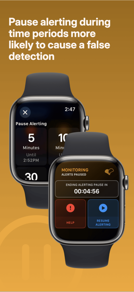 EpiWatch App-Oberfläche auf einer Apple Watch mit Optionen zum Pausieren von Anfallalarmen und einem Countdown-Timer.