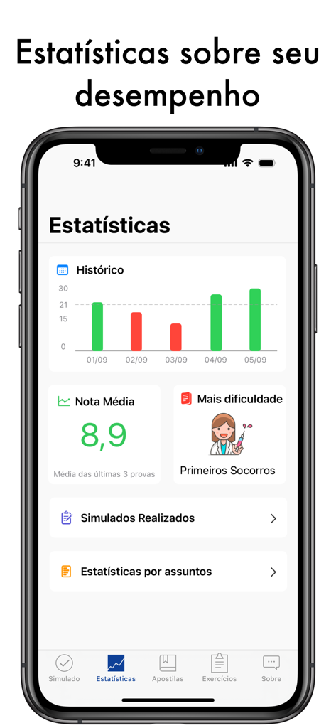 Simulado Detran Simulados CNH - Statistics screen of the Simulado Detran app displaying score history and average test results.