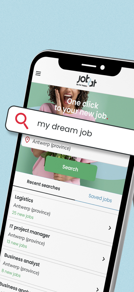 Jobatモバイルアプリの求人検索インターフェース、ローカル結果とプロフェッショナルなリスティングが表示されています。