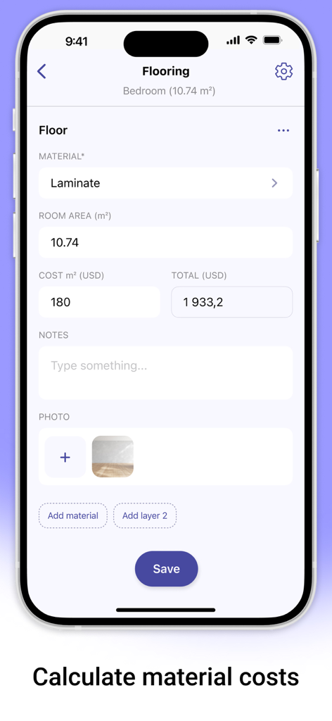 Interface of the AR Plan 3D app showing a material cost estimation for laminate flooring