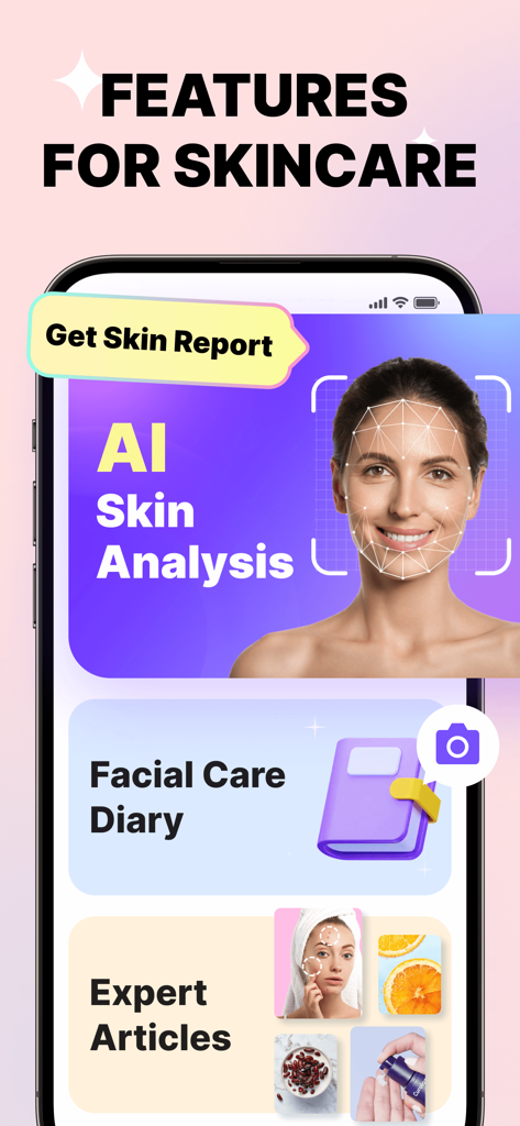 Face Yoga Exercises • Skincare - Pantalla de smartphone que muestra las funciones de la app de yoga facial, incluyendo análisis de piel con IA y diario de cuidado facial.