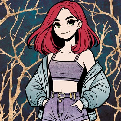 a realistic girl with a crop top and short shorts in an open jacket