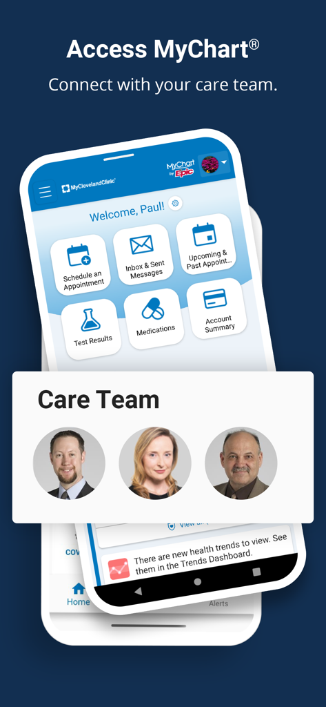 MyClevelandClinic app interface showing the MyChart dashboard with medical records and care team contacts