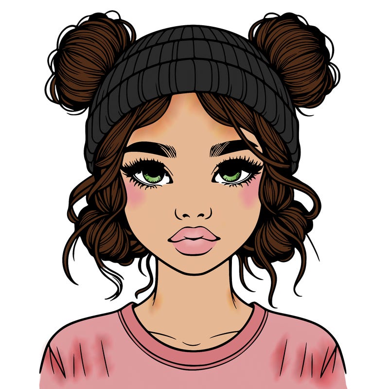 realistic girl with buns in her hair with a beanie on