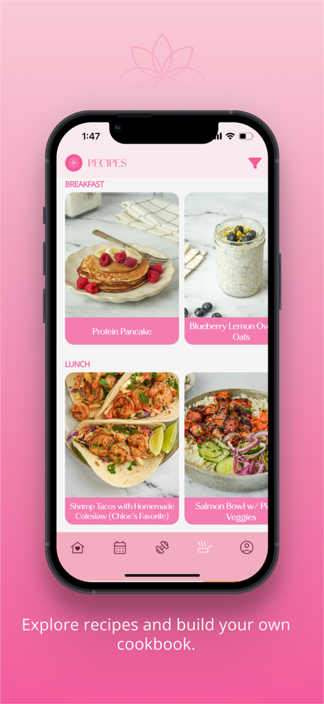 Interfaccia dell'app Bicah che mostra una raccolta di ricette salutari per colazione e pranzo.