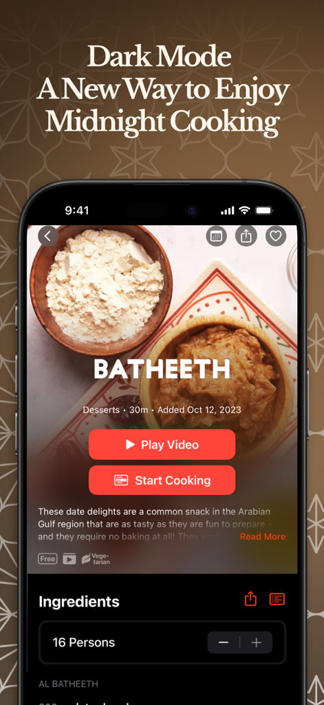 Food Recipes by Arabesk - La interfaz de la aplicación de recetas de cocina Arabesk en modo oscuro que muestra una receta de postre Batheeth con un botón de reproducción de video.