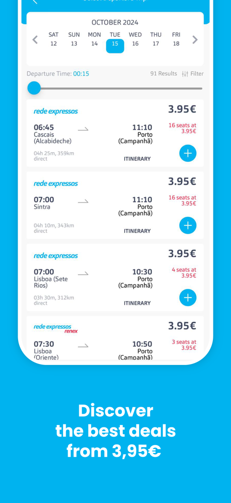 Ecrã da aplicação Rede Expressos mostrando resultados de pesquisa de autocarros com preços a partir de 3,95 euros para viagens em Portugal