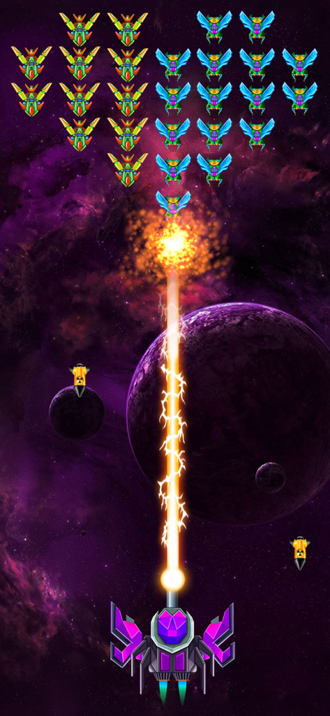 A purple spaceship firing a powerful yellow laser beam at a formation of alien enemies in deep space