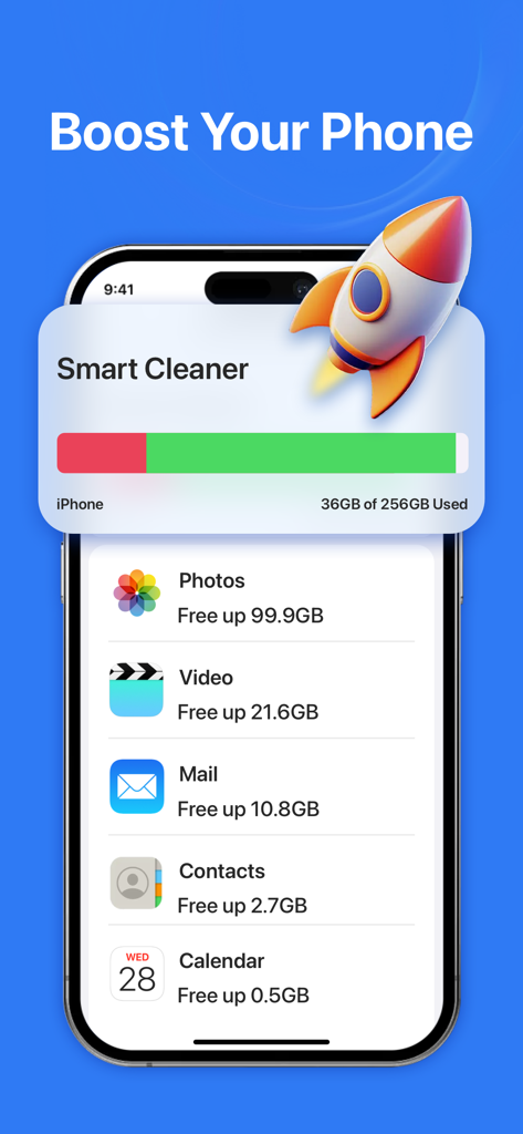 Smart Cleaner app showing storage cleanup categories for photos videos mail and contacts with a boost rocket icon