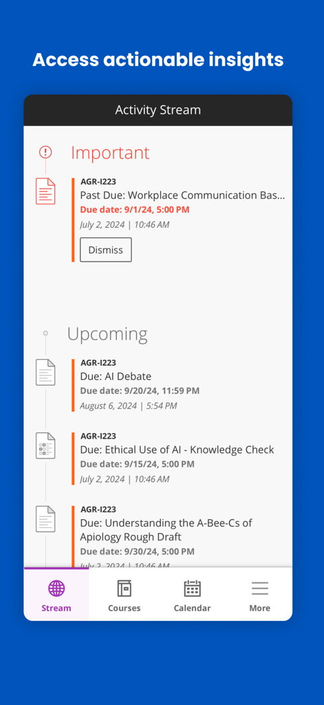 Blackboard - Interfaccia dell'app Blackboard che mostra lo stream delle attività con notifiche importanti e scadenze imminenti per i compiti del corso.