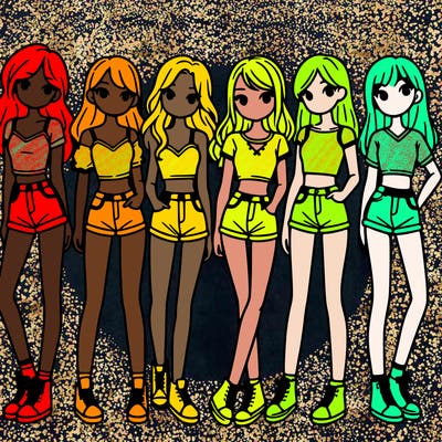 a group of girls wearing crop tops and shorts
