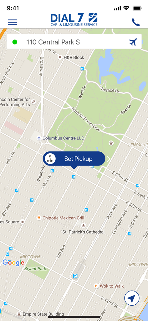 Dial 7 car service app interface showing a map of New York City with a pickup location set near Central Park.
