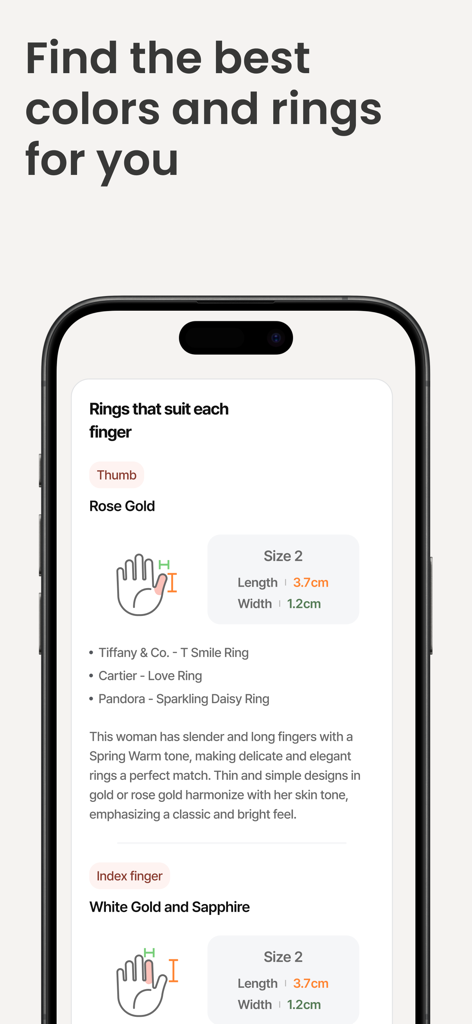 PalmPath - Smartphone screen showing personalized ring recommendations for different fingers based on measurements and skin tone
