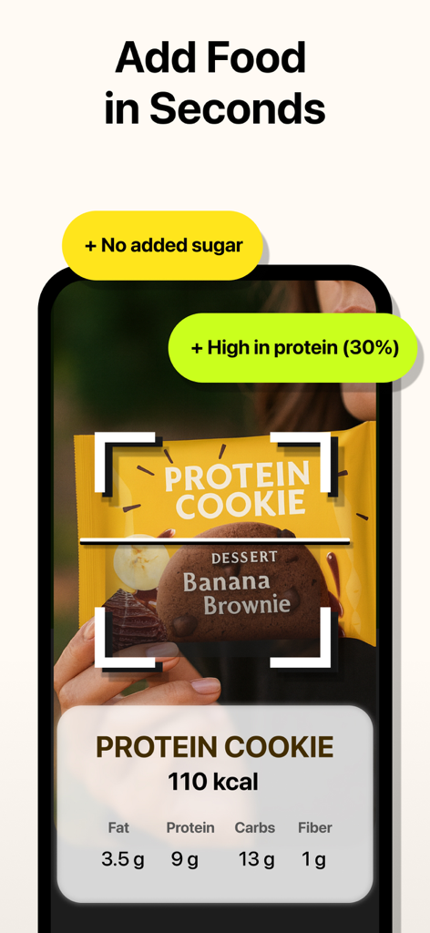 Numi: AI Calorie Counter - Smartphone screen using Numi AI to scan a protein cookie package and display calorie and macro information