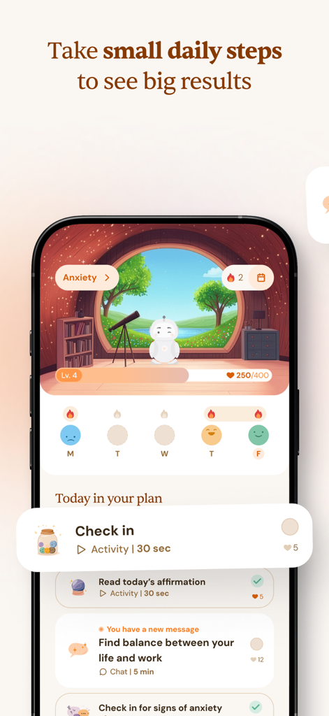 Yana: Your emotional companion - Yana-App-Dashboard, das tägliche Aufgaben zur psychischen Gesundheit, Stimmungs-Tracking und einen freundlichen KI-Roboter zeigt